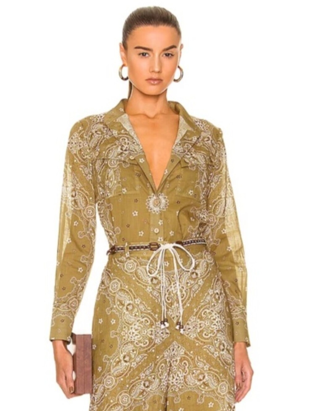 [Zimmermann] Olive & White 100% Cotton Paisley Button Down Casual Shirt, Sz 0